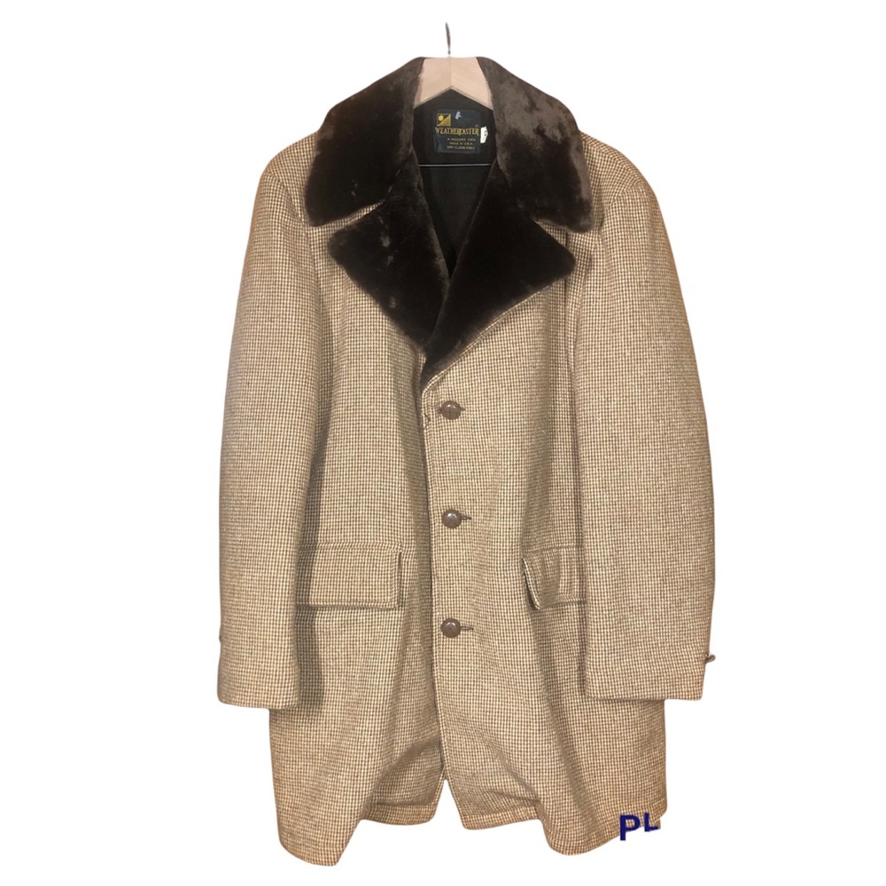 VINTAGE WEATHERCASTER Brown & Tan Houndstooth Fur Collar Blazer Coat Jacket 42 - Picture 1 of 11